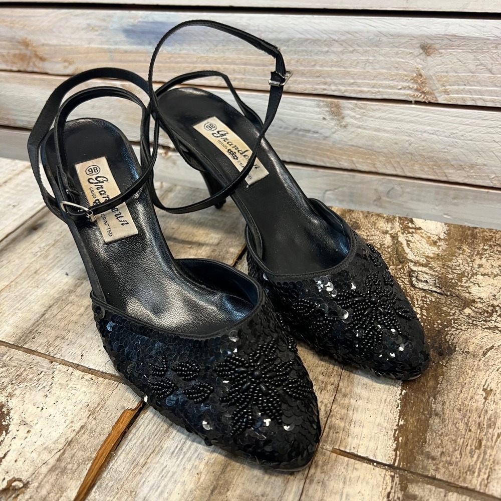 Vintage‎ Grandeur Black Sequin Beaded Slingback Kitten Heels Evening Shoes 9B